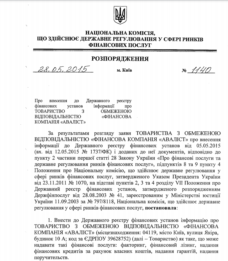 Розпорядження № 1140
